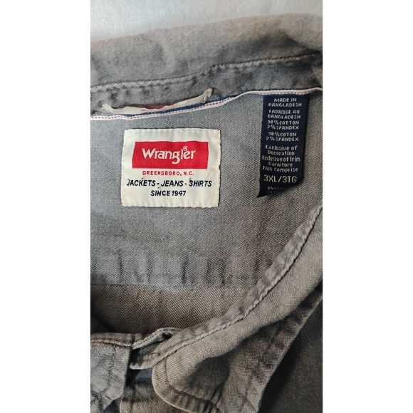 Wrangler Mens Long Sleeve Button Down Shirt Gray Chambray Work Casual 3XL - Picture 2 of 4